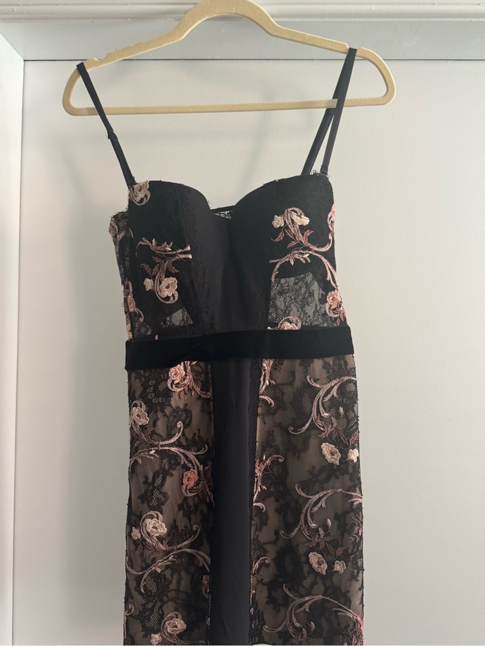 La Perla Black Lace Mini Dress with Blush Floral Embroidery